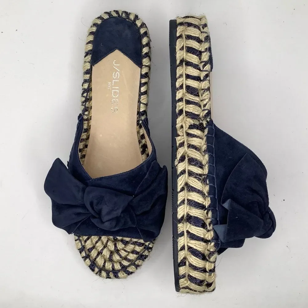 J/SLIDES Dark Blue Suede Bow Espadrille Women Open Slides Sz 8 Coastal,Travel